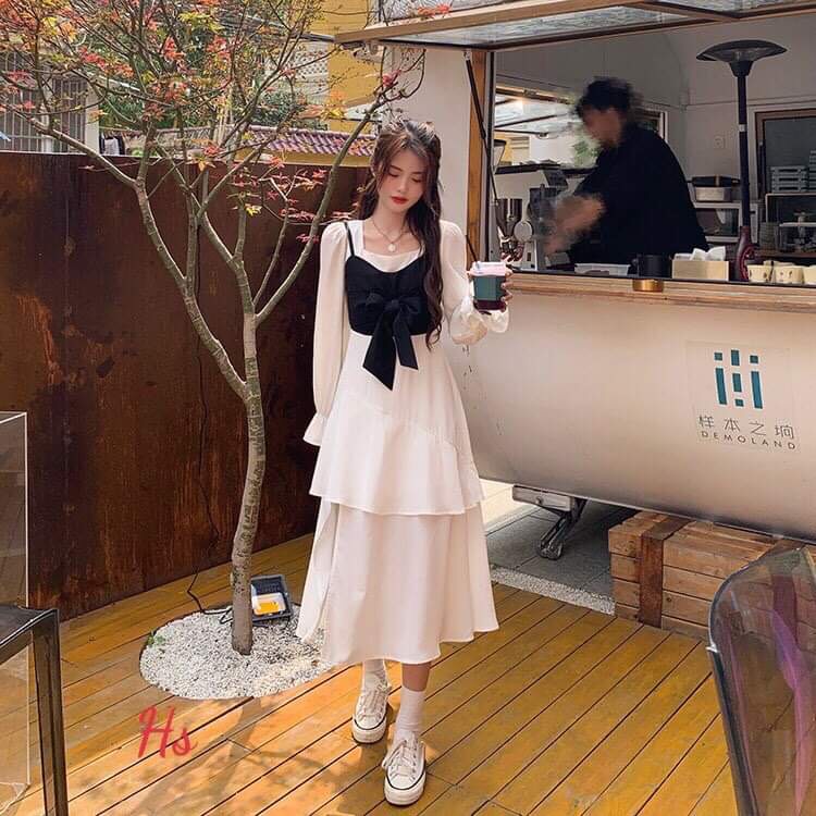 Đầm Nữ Cổ Vuông Kèm Áo Gile Nơ Ngực 🦋 Váy Nữ Chất Đũi Dài Tay Viền Tầng Xẻ Vạt 🦋 | BigBuy360 - bigbuy360.vn