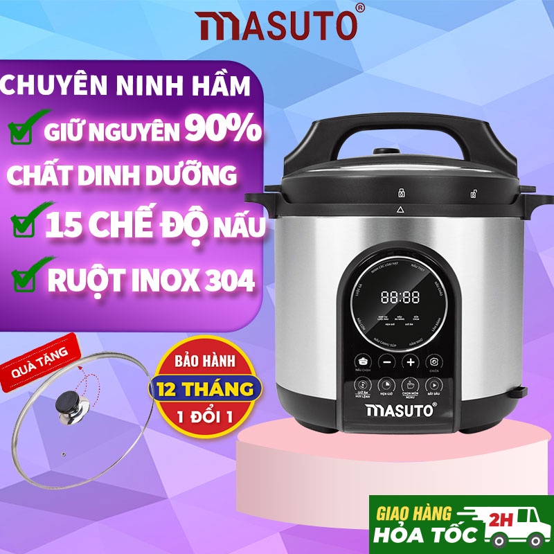 Nồi áp suất điện đa năng Masuto 6L chế độ ninh hầm chậm giữ nguyên 90% chất dinh dưỡng tặng kèm nắp kính cường lực COMBO