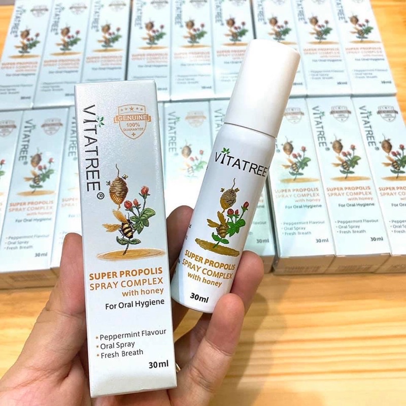 [Mẫu Mới Nắp Trắng] Chai Xịt Keo Ong Giảm Ho Vitatree 30Ml - Xuất Xứ Úc