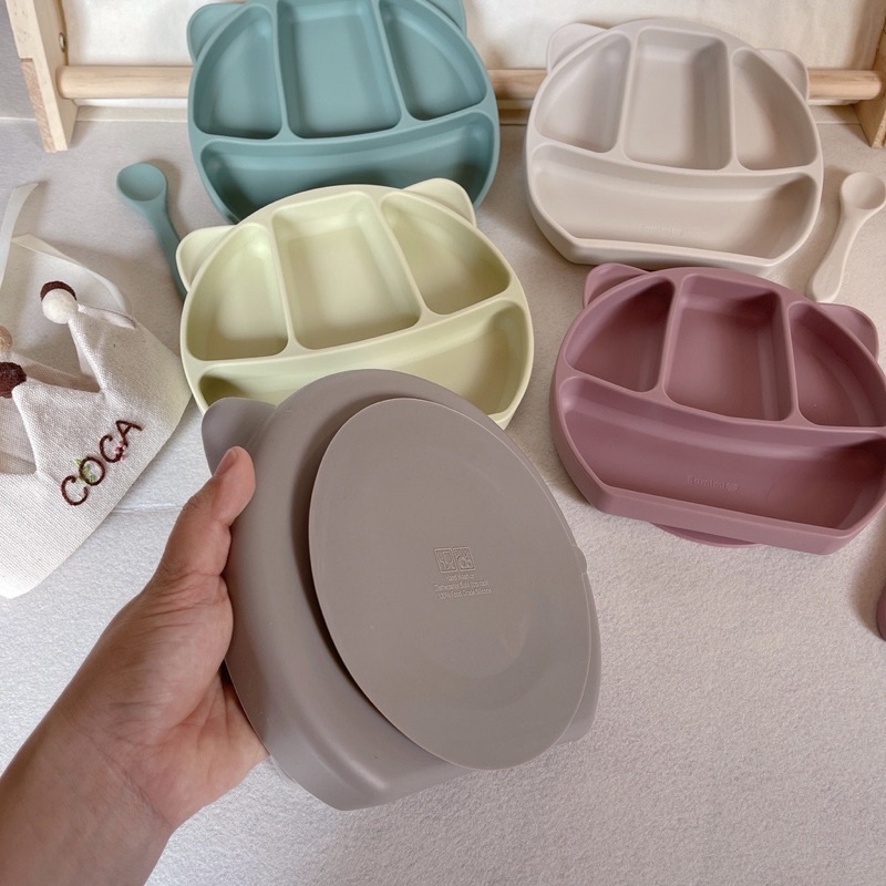 Khay ăn dặm Silicone hình Gấu 4 ngăn có đế hút bàn chống trượt đổ - Bát thìa silicone cho bé ăn dặm