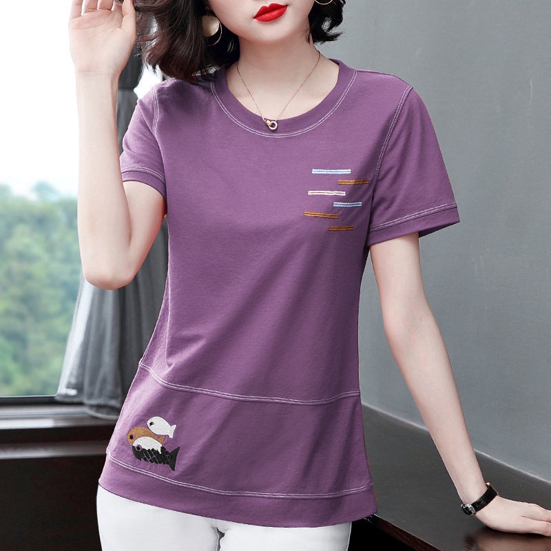 Thời Trang Áo Thun Tay Ngắn Dáng Rộng Dễ Phối Đồ Cho Phụ Nữ Trung Niên