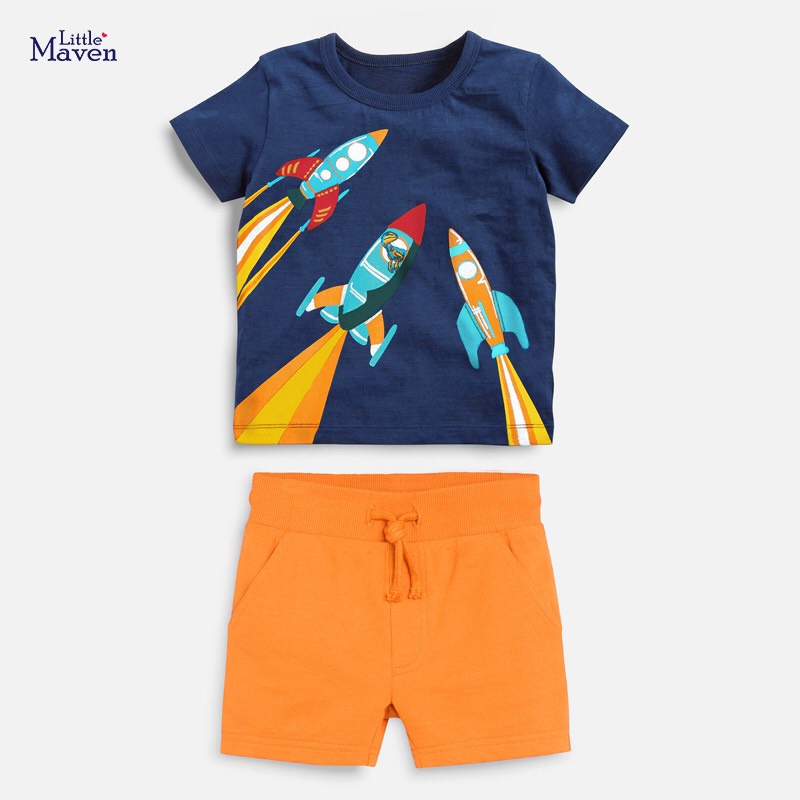 Đồ bộ quần áo cộc tay cho bé 2-7 tuổi , bộ thun cotton hàng chính hãng Little maven, hình khủng long, cá mập..