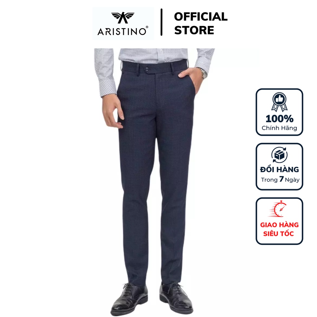 Quần tây nam công sở Aristino màu xanh tím than 31 kẻ dáng slim fit vải polyester mềm mịn ATR02508