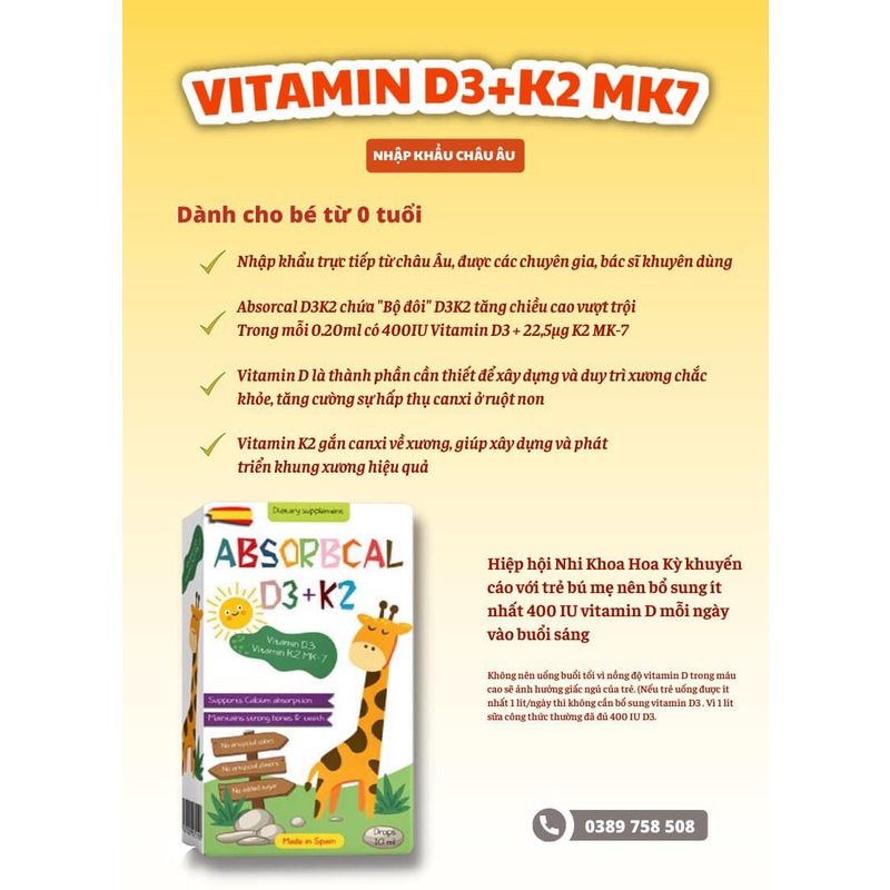 ABSORBCAL D3+K2 10ml bổ sung vitamin D3 K2 Mk7 giúp bé hấp thu Canxi cao khỏe, thông minh nhập khẩu Tây Ban Nha