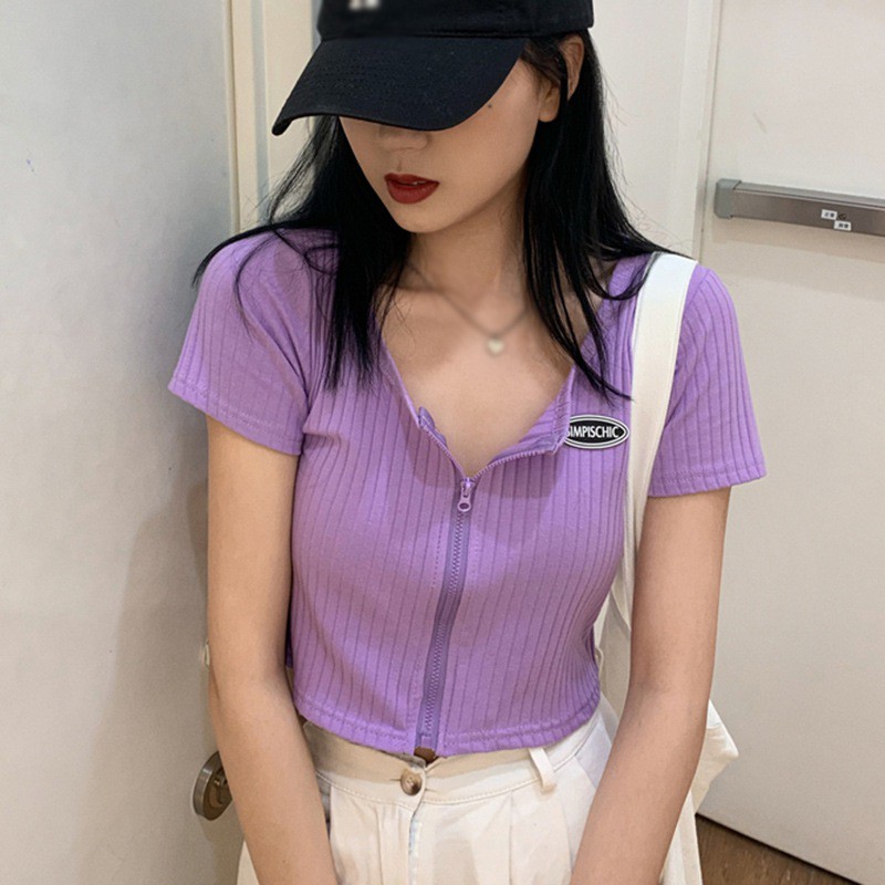 Áo Croptop Dệt Kim Tay Ngắn Thiết Kế Khoá Kéo Thanh Lịch