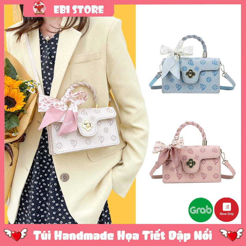 Túi Handmade Họa Tiết Dập Nổi, Túi Tự Đan Chất Liệu Da Cao Cấp Khóa Hình Bông Hoa 4 Cánh Sang Trọng