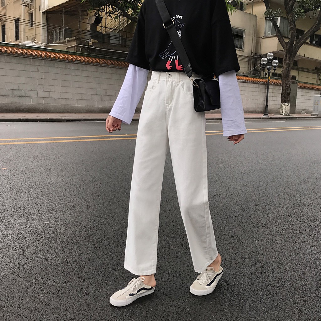 Quần baggy ống rộng dáng xuông trắng kem