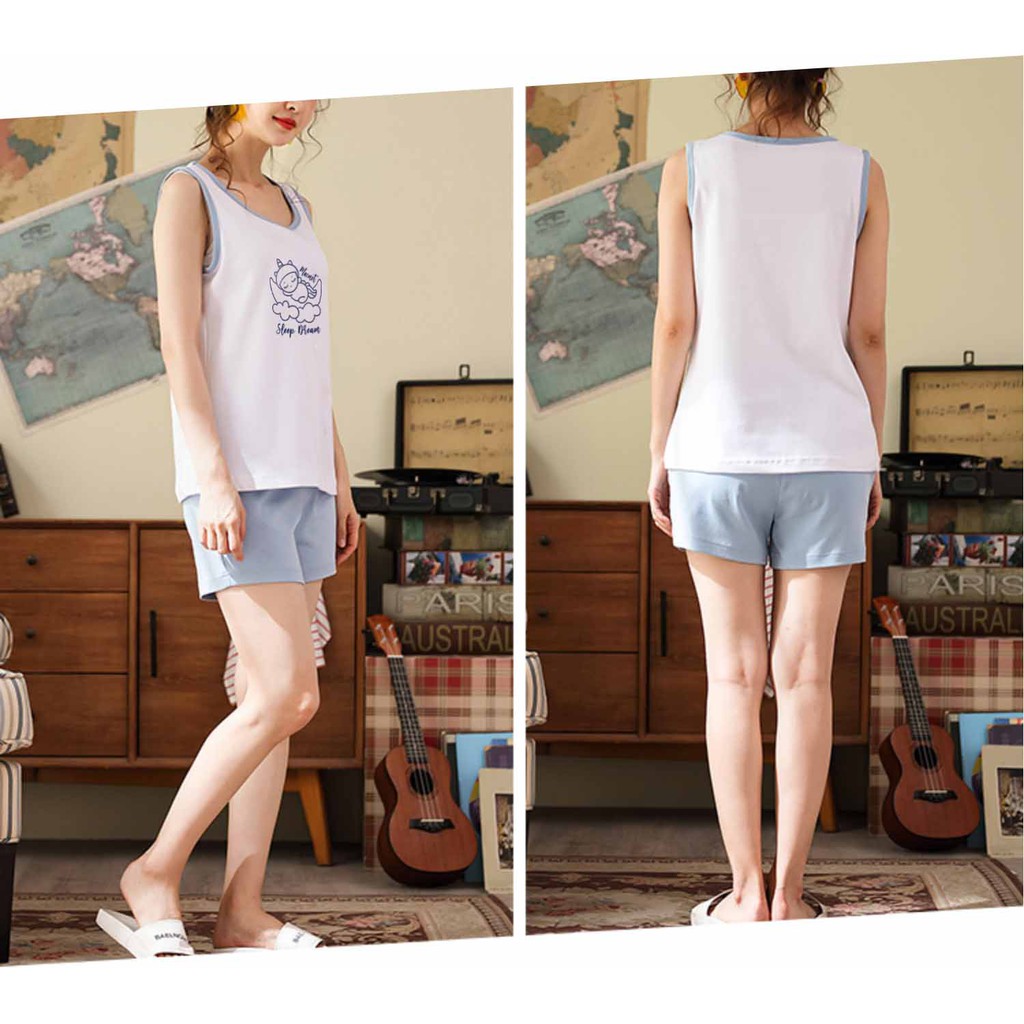 BD002 - Đồ bộ mặc nhà thun cotton dễ thương, quần đùi áo ba lỗ, có thể làm đồ đi chơi, đồ đi ngủ, đồ thun mùa hè. Macmot