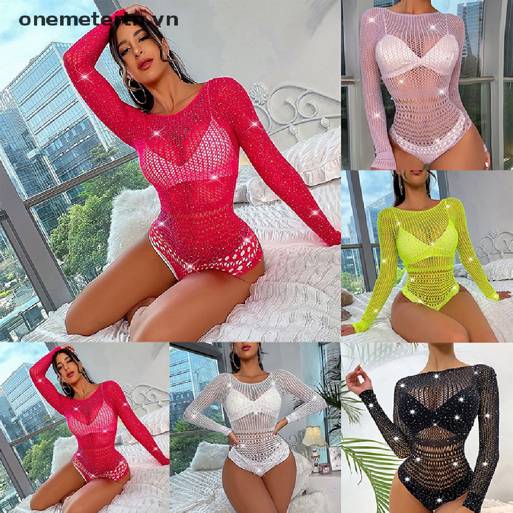 Onemetertn Bộ Áo Liền Quần Lưới Đính Đá Hở Lưng Ôm Dáng Gợi Cảm Cho Nữ Mặc Trong Suốt Đi Câu Lạc Bộ Lễ Hội Rave