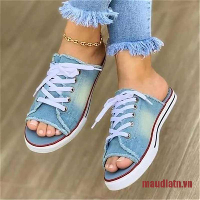 DLATN Canvas Flat Slipper Ladies Peep Toe Casual Fashion Denim Beach Shoes