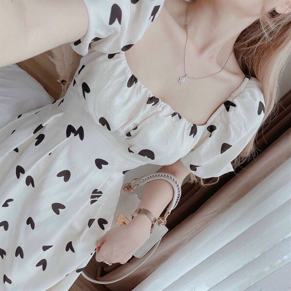 [8.8 Sales Freeship] Đầm maxi trắng nhún ngực tay búp in trái tim, đầm tiểu thư dáng dài cột nơ đen sau lưng xinh xắn