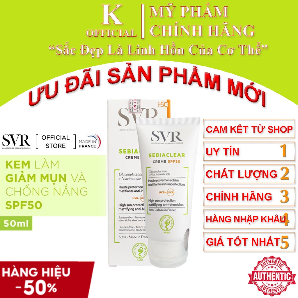 Kem Chống Nắng SVR Làm Giảm Mụn, Không Bóng Nhờn 50ml Sebiaclear Crème SPF50