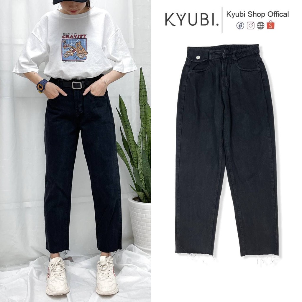 Quần jean baggy Đen nữ ulzzang Kyubi lưng cao chi tiết nắp đai và cắt lai tua cá tính - Baggy jean Kyubi BJR16D | WebRaoVat - webraovat.net.vn