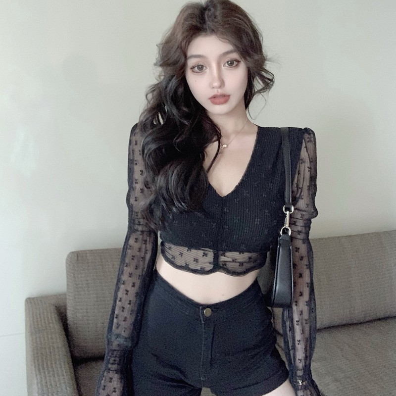 [HÀNG CAO CẤP] Áo Croptop Dài Tay Thiết Kế Mới Phối Ren Dây Hàn Quốc | BigBuy360 - bigbuy360.vn