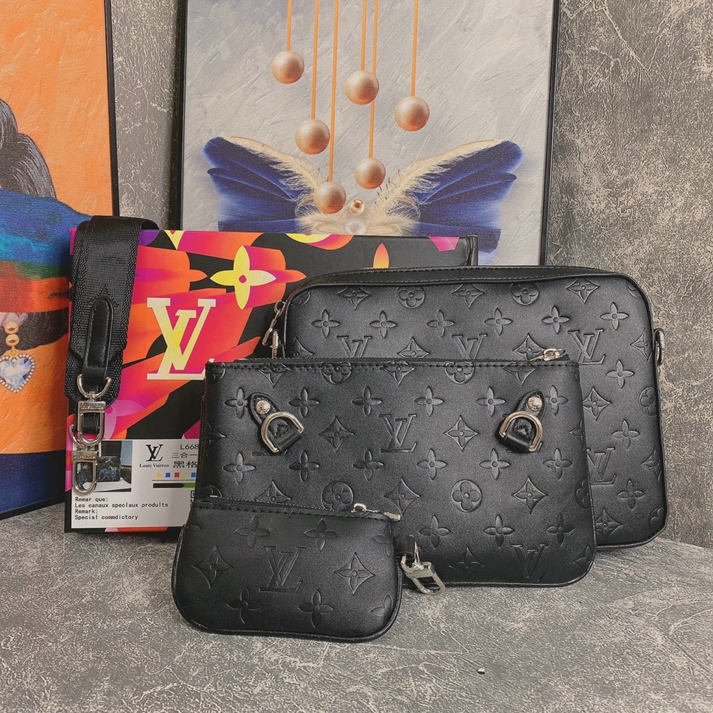 Túi đeo chéo L V sét 3 món vân hoa chìm LA fullbox bill thẻ túi vải