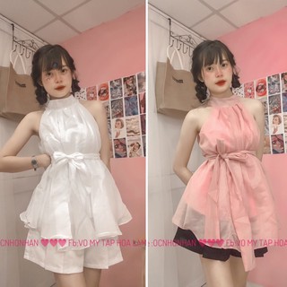 set áo cổ yếm quần xoè xếp ly