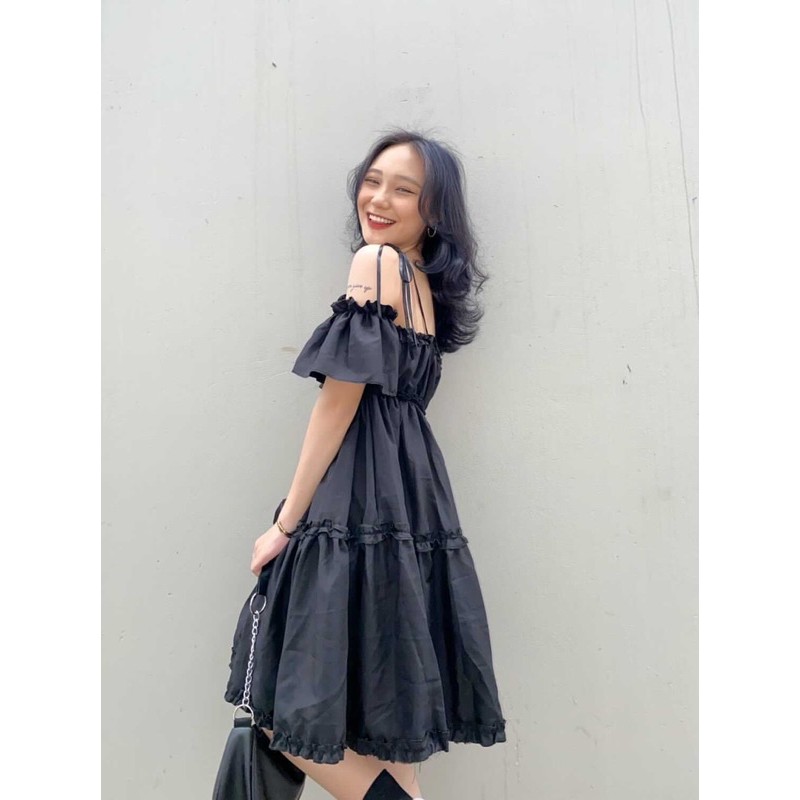 (CLIP THẬT) Đầm babydoll trễ vai dự tiệc đen tay bồng thắt dây nơ cổ | BigBuy360 - bigbuy360.vn