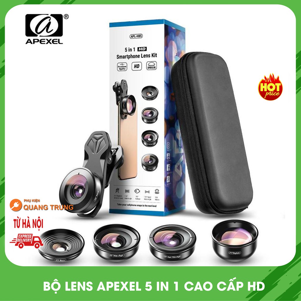 Bộ lens 5in1 apexel,ống kính chụp ảnh 4K cho điện thoại,smartphone,lens góc rộng,lens macro,lens mắt cá,lens chân dung