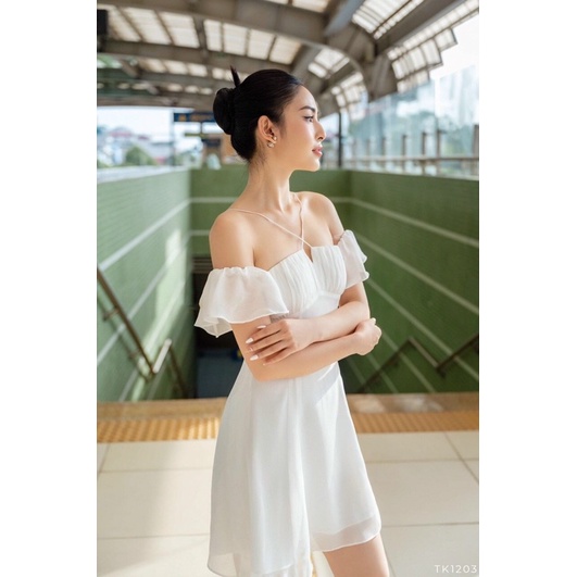 Đầm Váy Nhún Ngực Chéo Cổ Tay Rớt 3 Màu