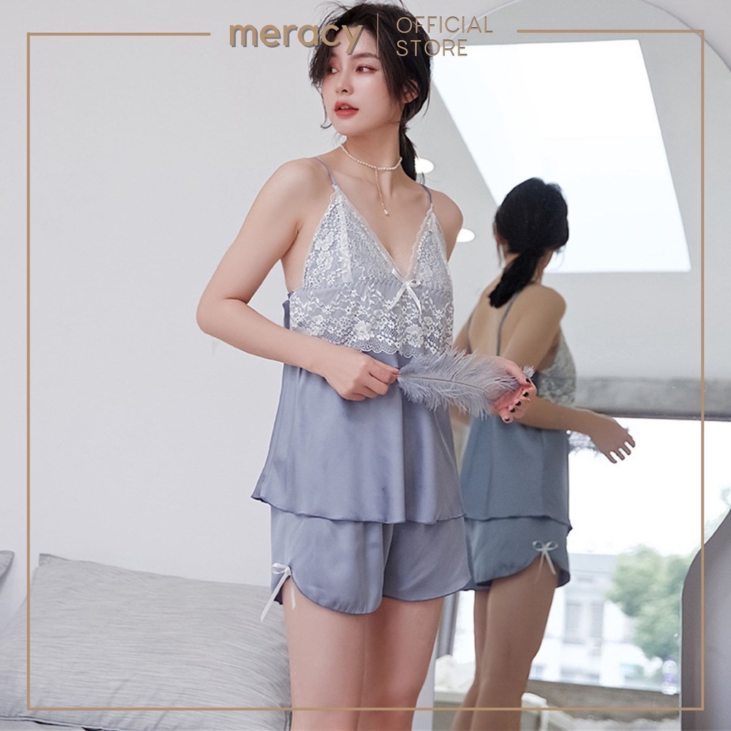 Bộ đồ ngủ 2 dây lụa satin nữ MERACY đồ bộ ngủ hai dây lụa satin phối viền ren sexy M08-BC