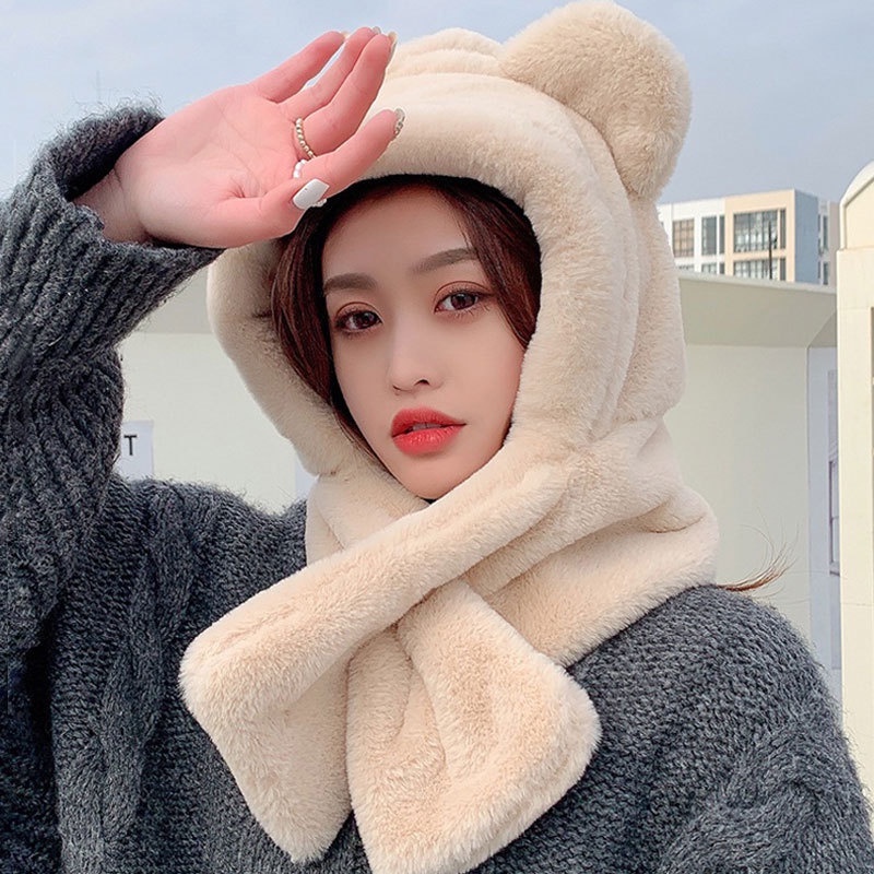 Mũ lông thỏ tai gấu ulzzang Hàn Quốc kèm khăn quàng cổ 2 in 1 Xiaomimi TQ2222F