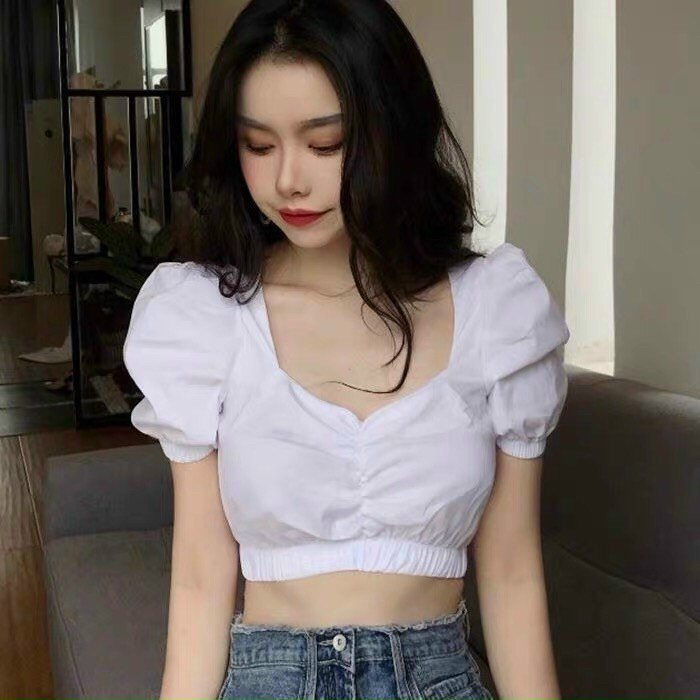 (Video thật) Áo Croptop Voan Nhún Ngực