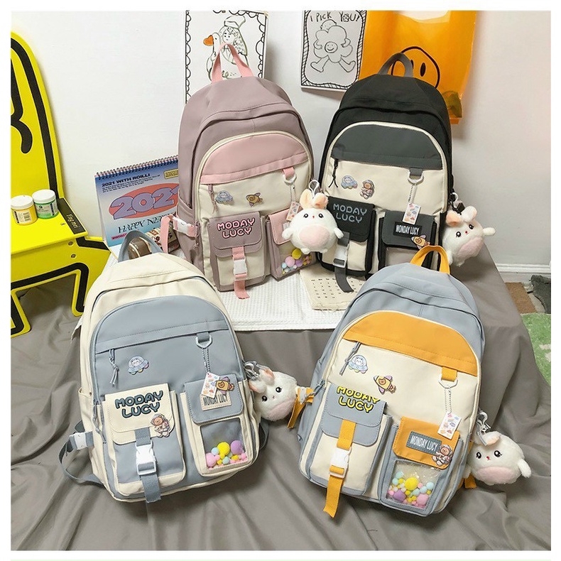 Ba lô Monday Lucy chất vải canvas phối màu tặng kèm móc gấu và sticker 1141
