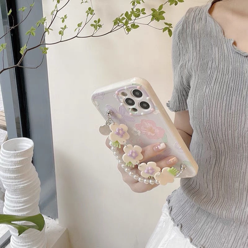 Ốp điện thoại họa tiết tranh sơn dầu đính hoa ngọc trai gắn dây đeo tay dành cho iPhone 12 Pro Max 11