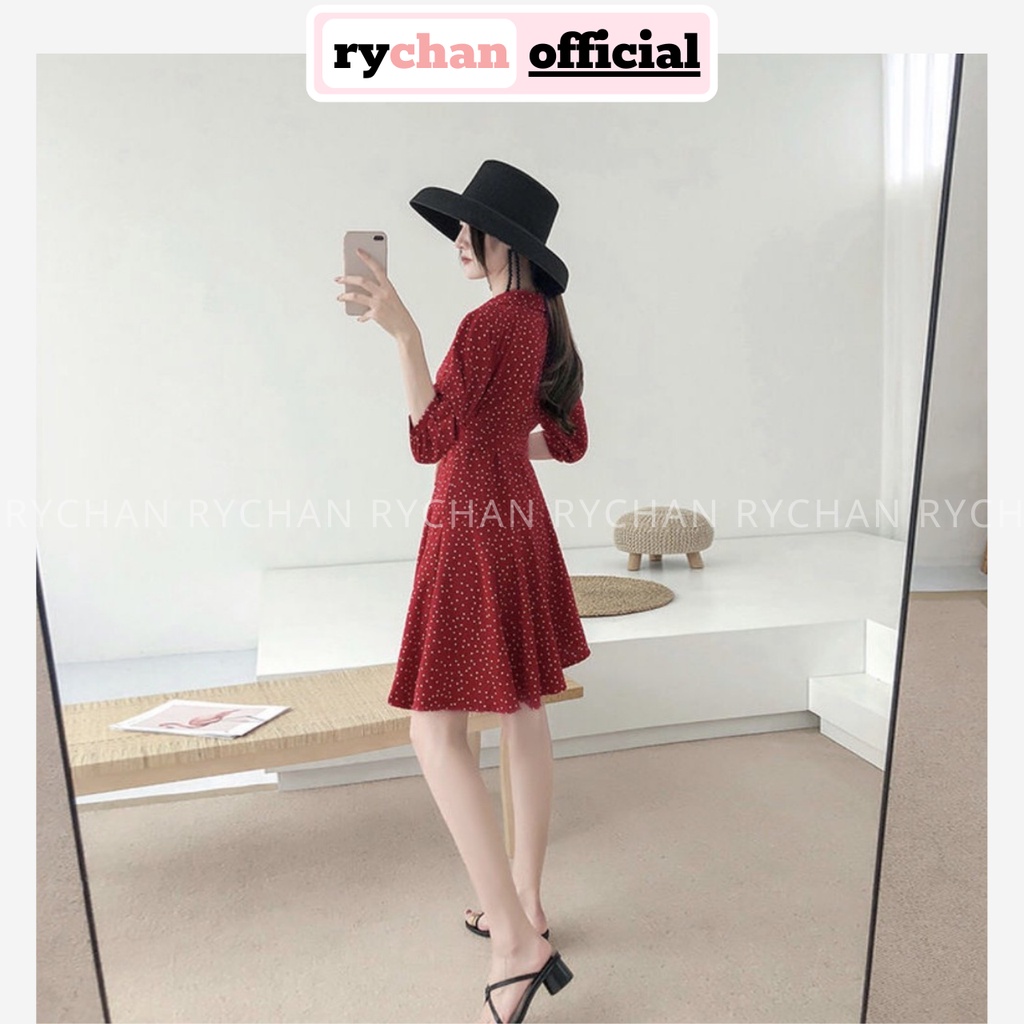 Đầm Xòe Bi Đỏ Đắp Chéo Lệch Tà Cổ V Tay Lửng Form Ngắn - DX778
