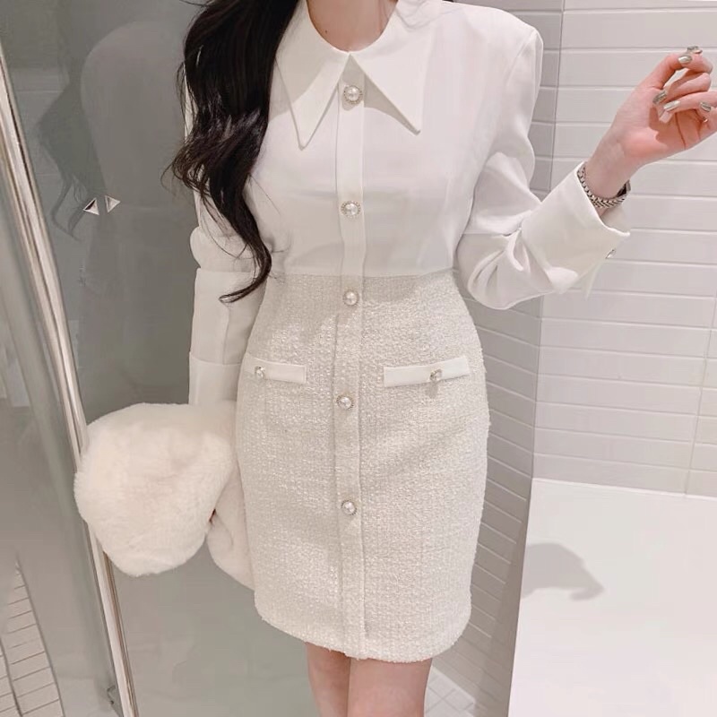 Đầm sơ mi liền thân phối chân váy dạ tweed phong cách công sở thanh lịch