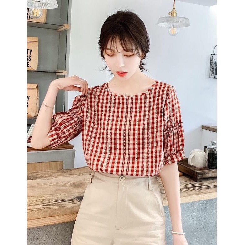 Áo kiểu nữ kẻ caro dáng suông đẹp, kèm hình thật vải | BigBuy360 - bigbuy360.vn