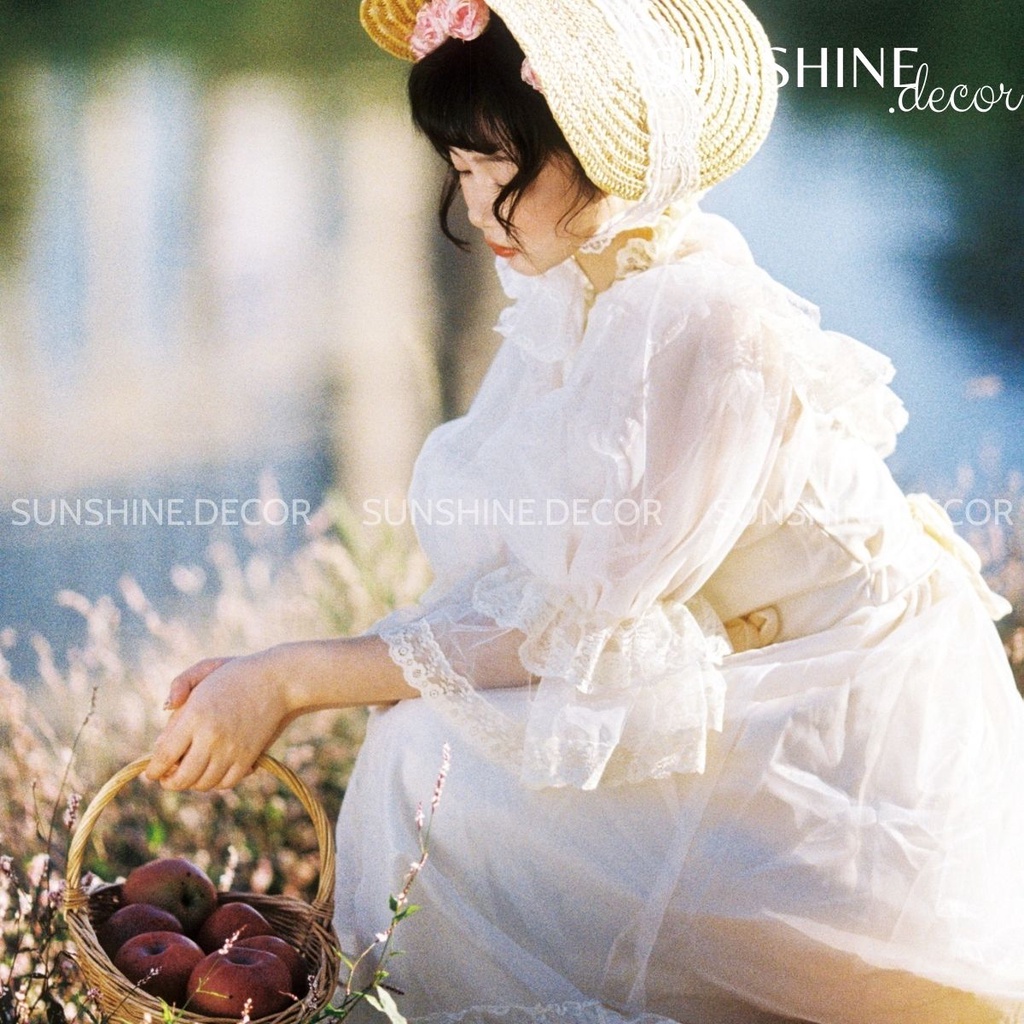 Mũ cói mũ rơm phong cách Lolita xinh xắn phụ kiện chụp ảnh du lịch, mũ đi biển dây ren