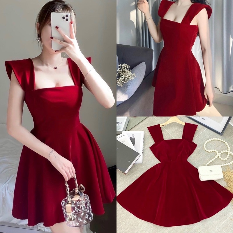 Đầm nhung đỏ cánh tiên có mút ngực, đầm váy ngắn xoè nhẹ đơn giản sang trọng quý phái thời trang đi chơi dạo phố dự tiệc