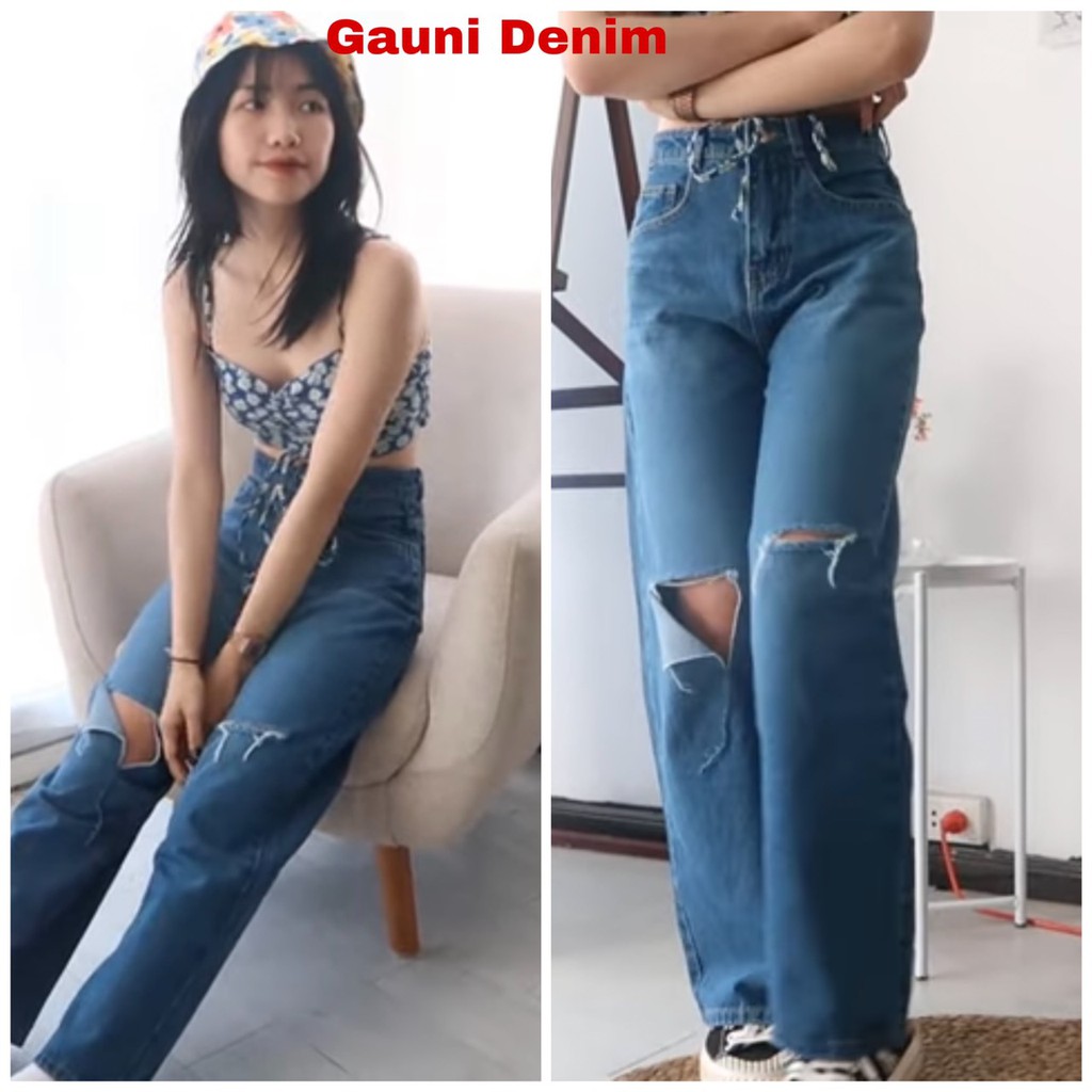 Quần Jeans Nữ Ống Rộng - Rách Gối - Màu Xanh - Phong Cách Năng Động - Mã J02