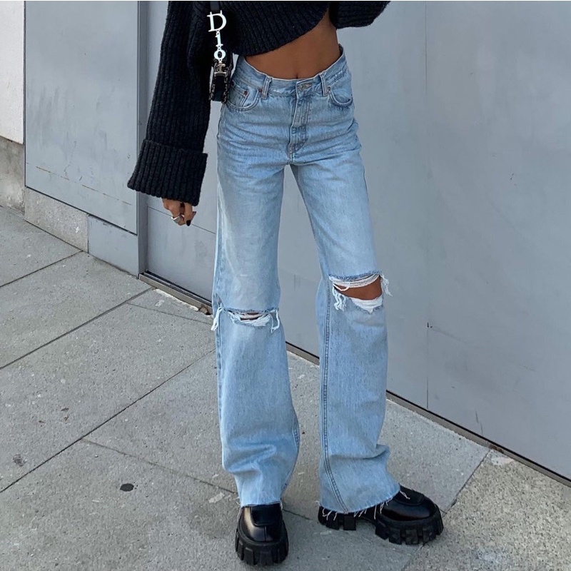 Quần jeans rách màu xanh nhạt