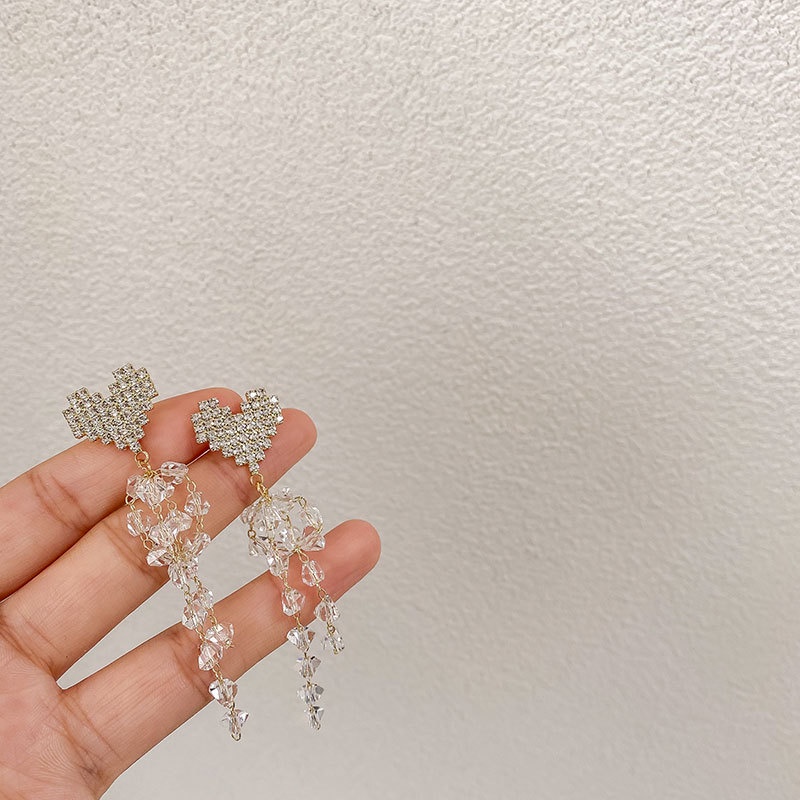 Toàn Bộ Bông Tai Mạ Bạc 925 Dáng Dài Hình Trái Tim Đính Đá Pha Lê Phong Cách Hàn Quốc