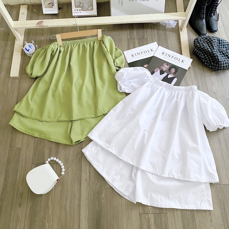 Set bộ trễ vai áo bệt vai hở lưng mix quần sooc chất thô mềm