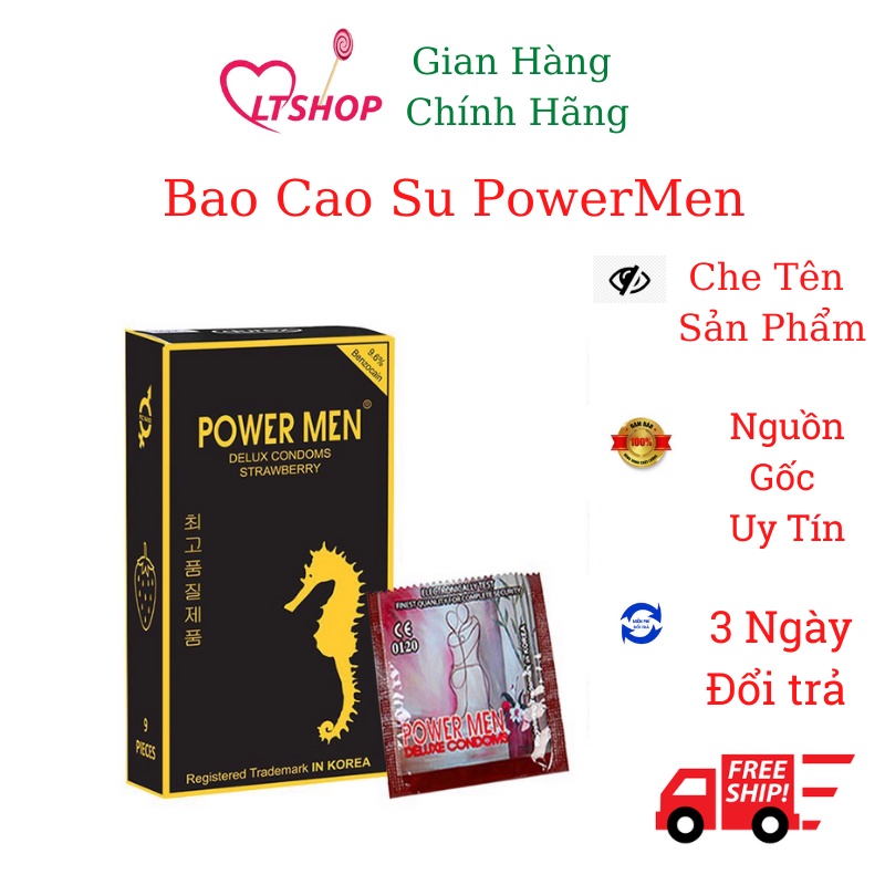 Bao cao su Gân Gai Powermen Strawberry Hương dâu, Chống xuất tinh sớm Hộp 9 bcs