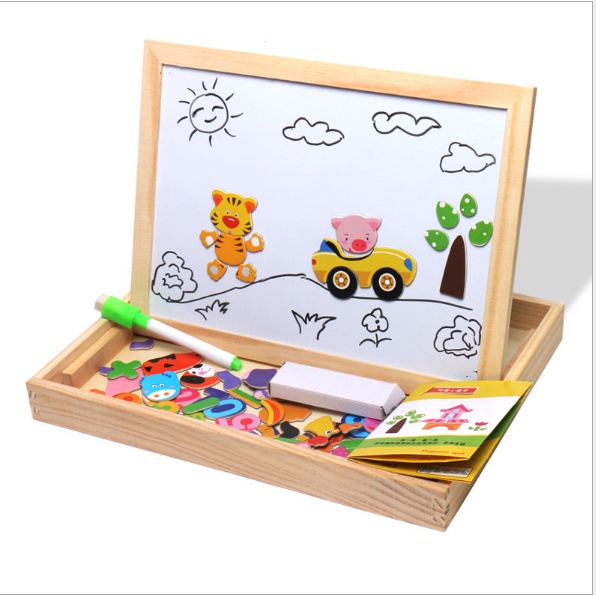 Đồ chơi bảng ghép hình nam châm bằng gỗ kèm bảng 2 mặt và bút tự xóa cho bé chủ đề động vật giúp bé phát triển tư duy