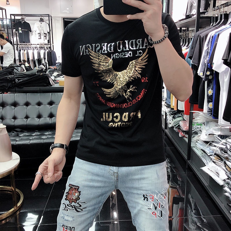 Áo Thun Tay Ngắn Cổ Tròn In Hình Đại Bàng 47% Vải Lụa Lạnh Nhanh Khô Thời Trang Mùa Hè Cho Nam