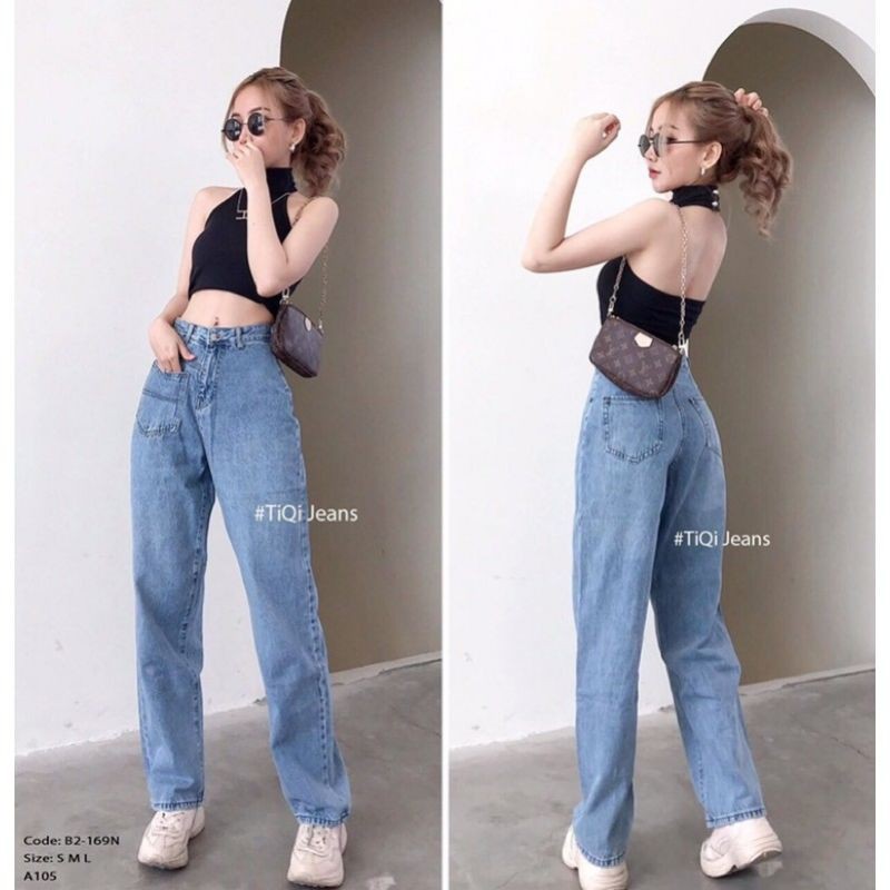 QUẦN JEANS ỐNG RỘNG MỘT BÊN TÚI HÀNG QUẢNG CHÂU LOẠI 1 ĐỦ 2 MÀU XANH, ĐEN