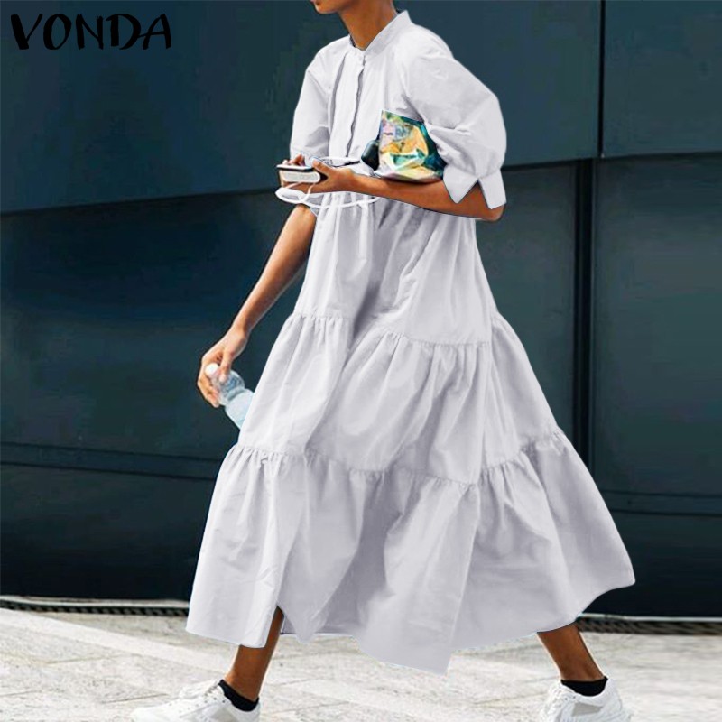 VONDA Đầm tay ngắn cổ tròn thời trang sành điệu cho nữ