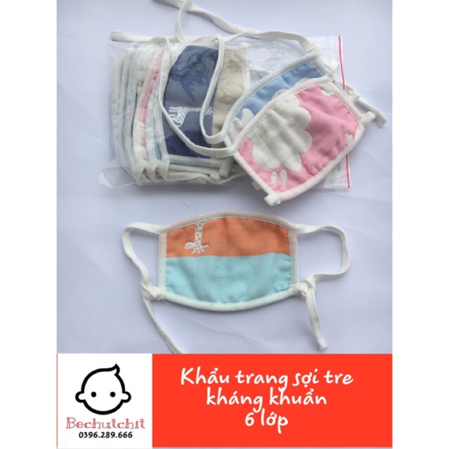 Khẩu trang kháng khuẩn sợi tre, dày 6 lớp