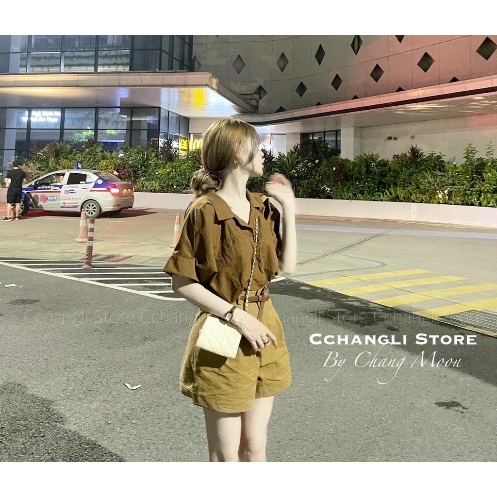 Set bộ đùi áo sơ mi nữ kèm belt cao cấp