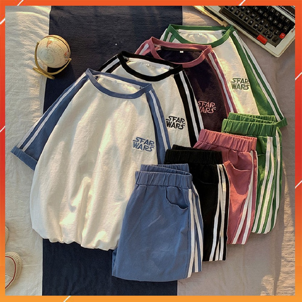 Set Đồ Nữ - Set Bộ Thể Thao Unisex Nam Nữ Star War Sọc Thêu Gồm Áo Thun Tay Lỡ + Quần Đùi Short Cotton Mềm Mịn