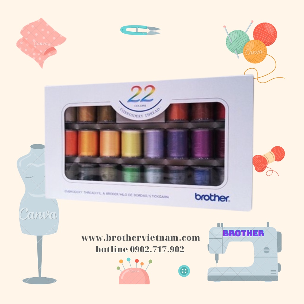 Bộ chỉ thêu chính hãng BROTHER 22 màu chuẩn