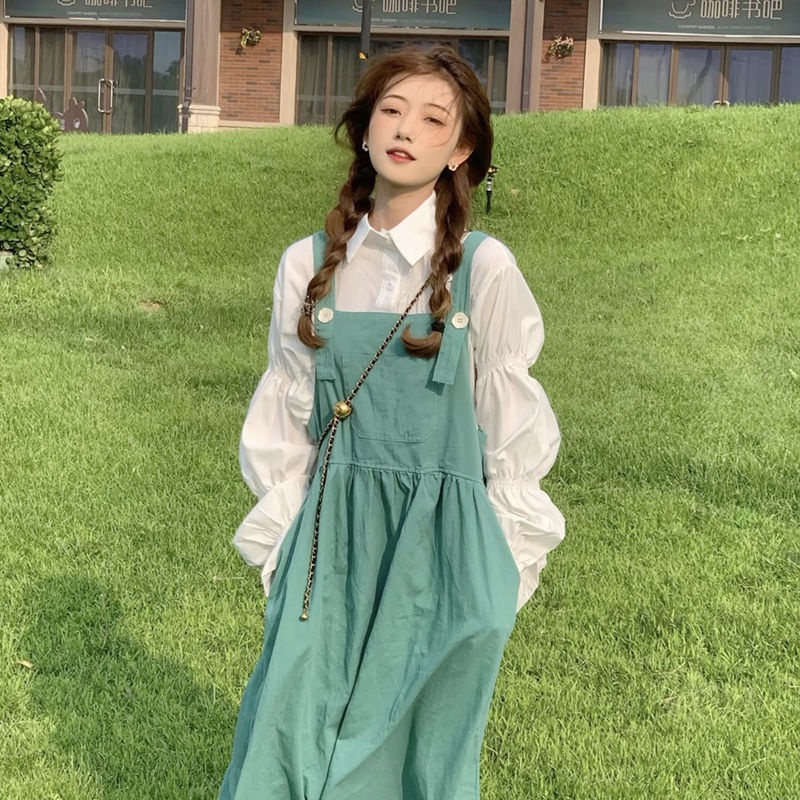 Set đầm yếm form rộng và áo sơ mi dài tay thời trang dành cho nữ (có bán lẻ)