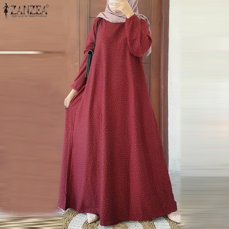 Zanzea Đầm Maxi Tay Dài Họa Tiết Chấm Bi Thời Trang Cho Nữ