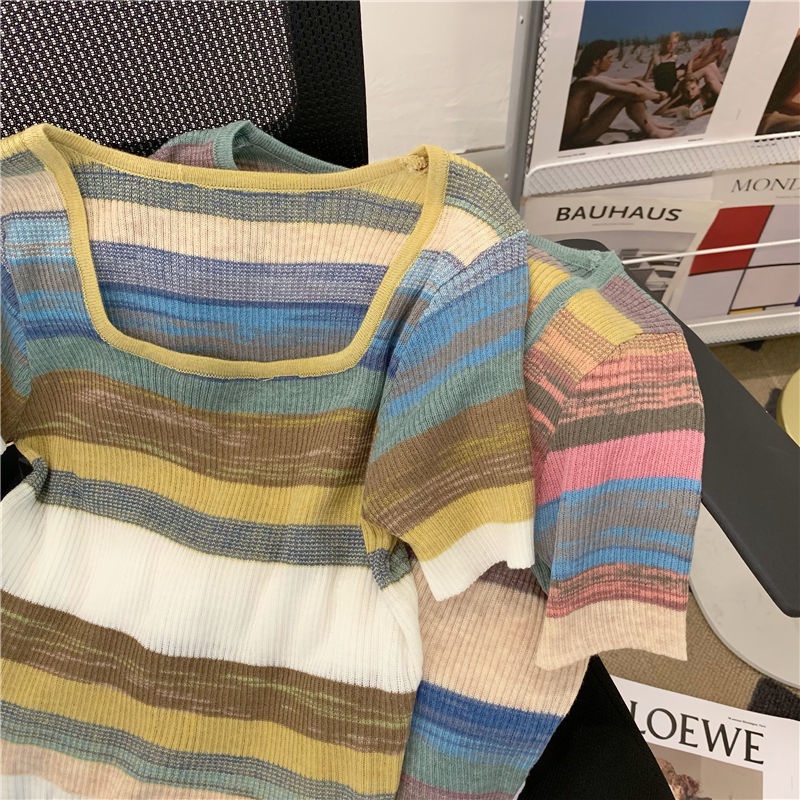 Áo Kiểu Cổ Vuông Tay Ngắn Họa Tiết Kẻ Sọc Màu Sắc Tương Phản Phong Cách Hàn Quốc Thời Trang