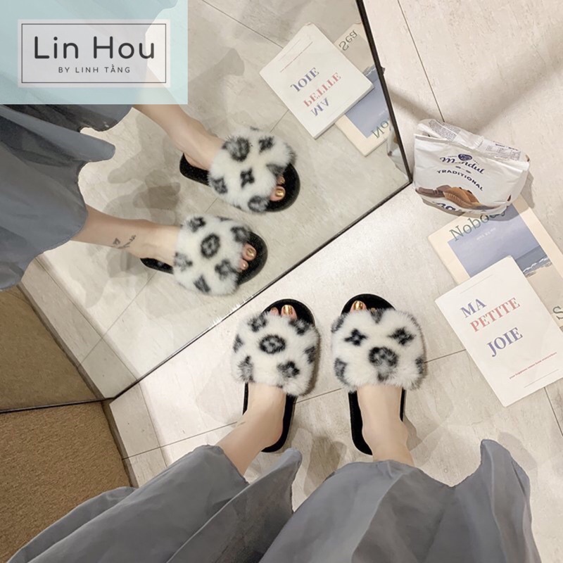 [Sale sốc] Dép lông quai ngang LV cao cấp, dép lông nữ quai ngang lông xù, Lin Hou LV fluffy sandals fluffy slippers